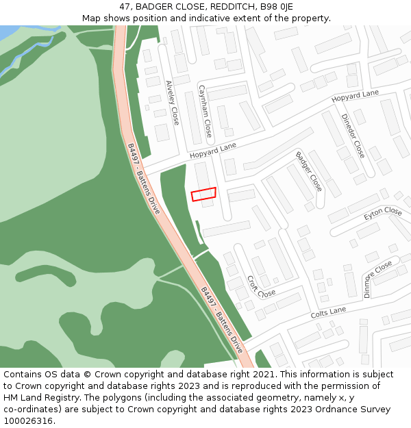 47, BADGER CLOSE, REDDITCH, B98 0JE: Location map and indicative extent of plot