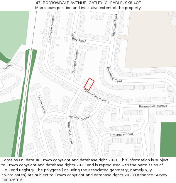 47, BORROWDALE AVENUE, GATLEY, CHEADLE, SK8 4QE: Location map and indicative extent of plot