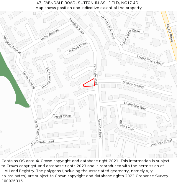 47, FARNDALE ROAD, SUTTON-IN-ASHFIELD, NG17 4DH: Location map and indicative extent of plot