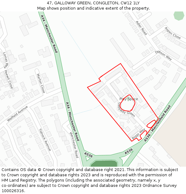47, GALLOWAY GREEN, CONGLETON, CW12 1LY: Location map and indicative extent of plot