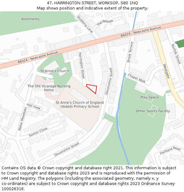 47, HARRINGTON STREET, WORKSOP, S80 1NQ: Location map and indicative extent of plot
