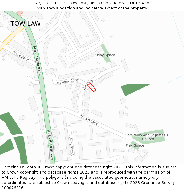 47, HIGHFIELDS, TOW LAW, BISHOP AUCKLAND, DL13 4BA: Location map and indicative extent of plot