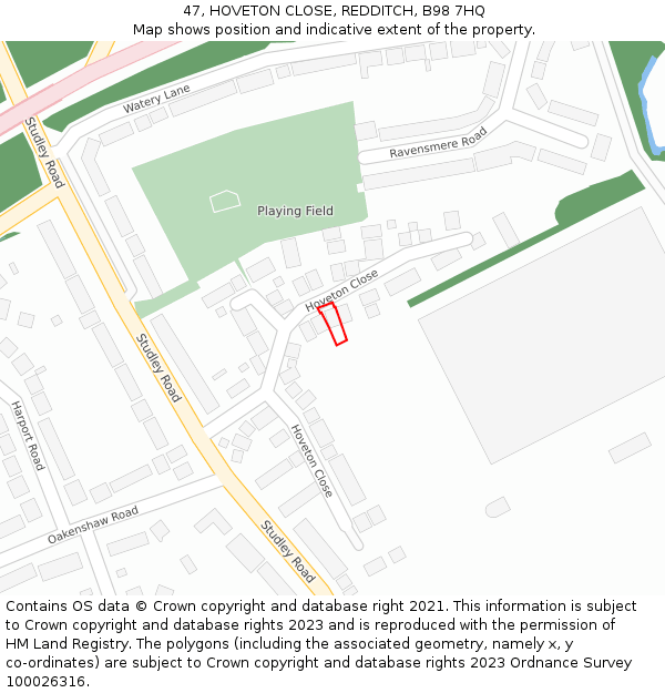 47, HOVETON CLOSE, REDDITCH, B98 7HQ: Location map and indicative extent of plot