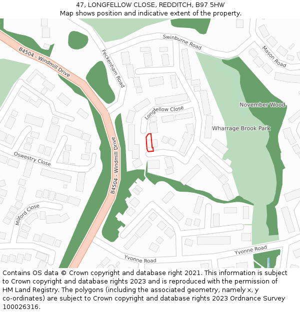 47, LONGFELLOW CLOSE, REDDITCH, B97 5HW: Location map and indicative extent of plot