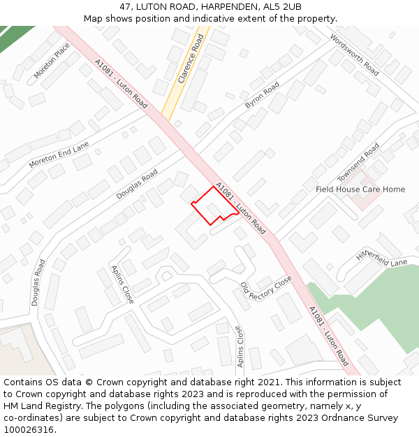 47, LUTON ROAD, HARPENDEN, AL5 2UB: Location map and indicative extent of plot
