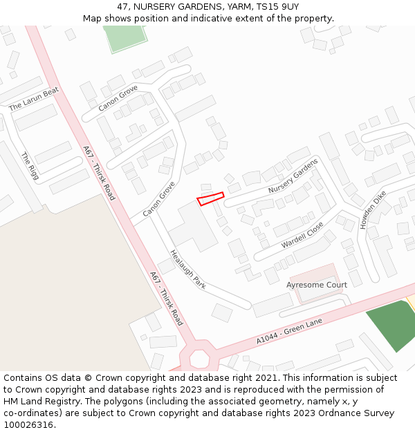 47, NURSERY GARDENS, YARM, TS15 9UY: Location map and indicative extent of plot