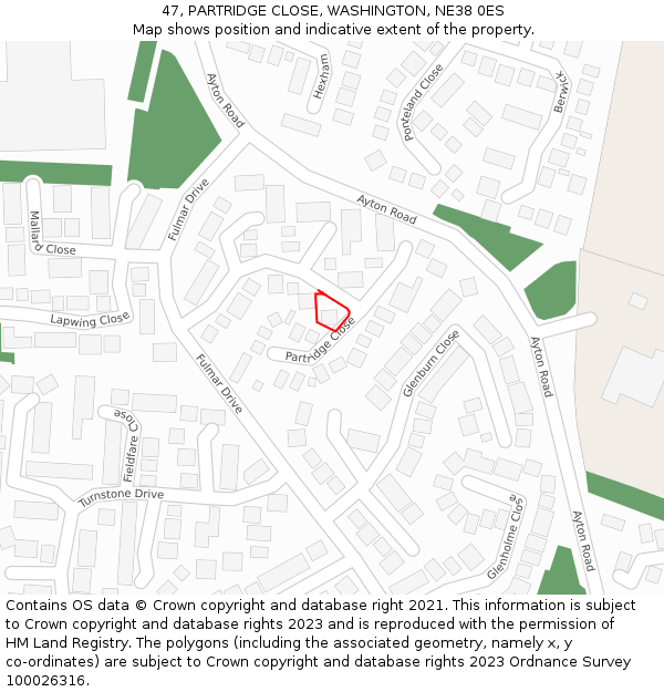 47, PARTRIDGE CLOSE, WASHINGTON, NE38 0ES: Location map and indicative extent of plot