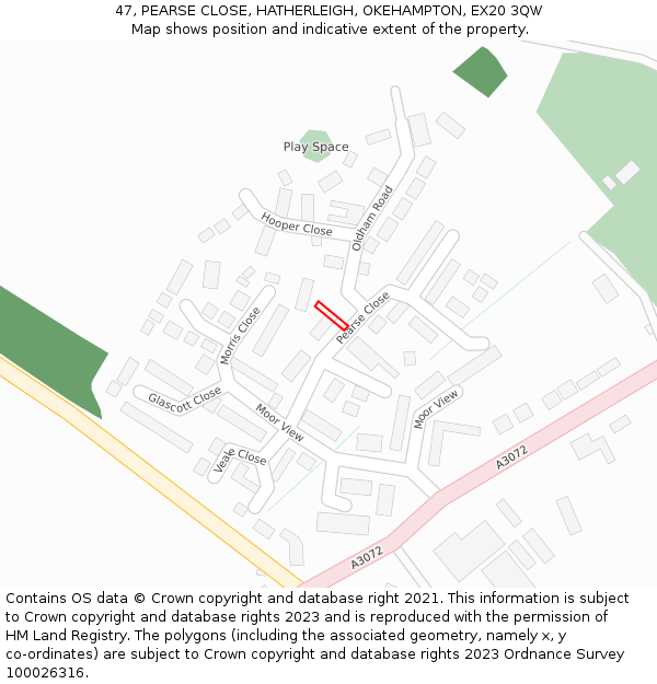 47, PEARSE CLOSE, HATHERLEIGH, OKEHAMPTON, EX20 3QW: Location map and indicative extent of plot