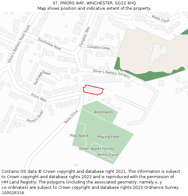 47, PRIORS WAY, WINCHESTER, SO22 4HQ: Location map and indicative extent of plot