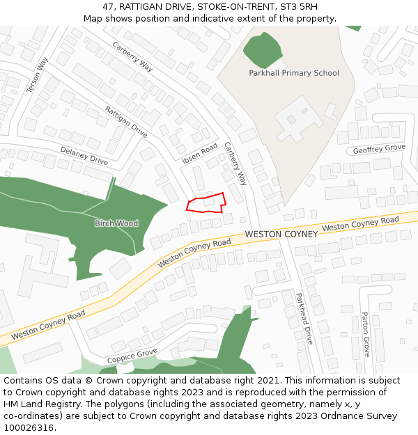 47, RATTIGAN DRIVE, STOKE-ON-TRENT, ST3 5RH: Location map and indicative extent of plot