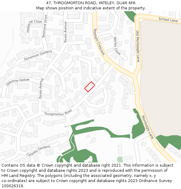 47, THROGMORTON ROAD, YATELEY, GU46 6FA: Location map and indicative extent of plot