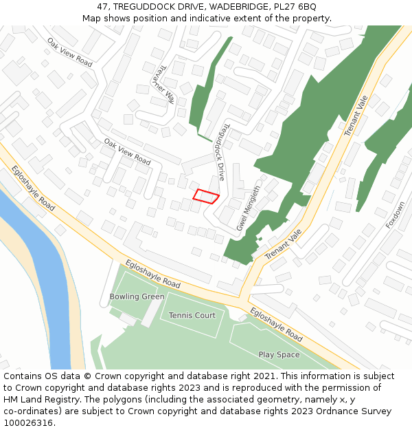47, TREGUDDOCK DRIVE, WADEBRIDGE, PL27 6BQ: Location map and indicative extent of plot