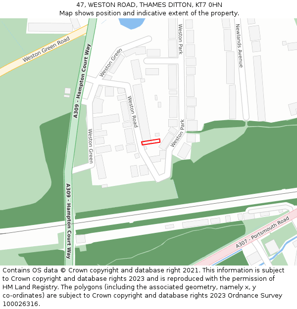 47, WESTON ROAD, THAMES DITTON, KT7 0HN: Location map and indicative extent of plot