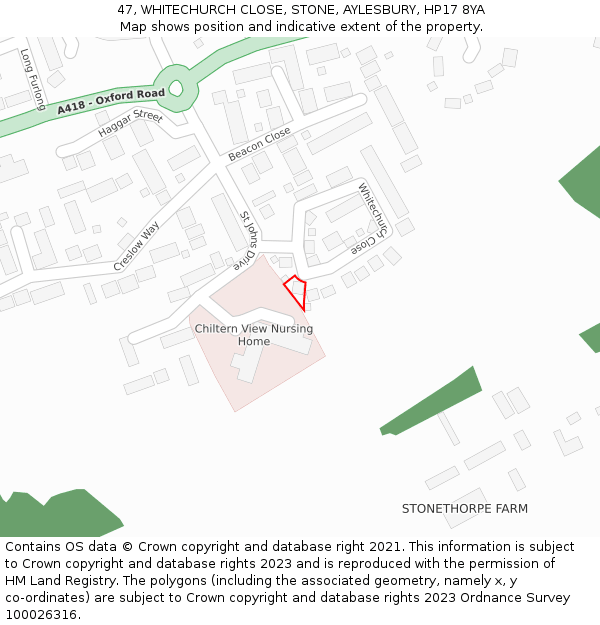 47, WHITECHURCH CLOSE, STONE, AYLESBURY, HP17 8YA: Location map and indicative extent of plot