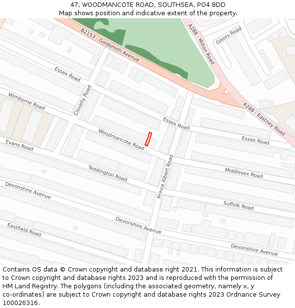 47, WOODMANCOTE ROAD, SOUTHSEA, PO4 8DD: Location map and indicative extent of plot