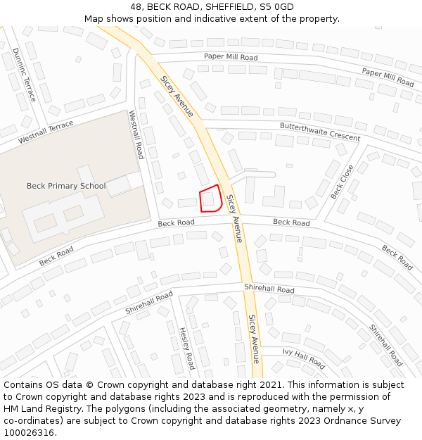 48, BECK ROAD, SHEFFIELD, S5 0GD: Location map and indicative extent of plot