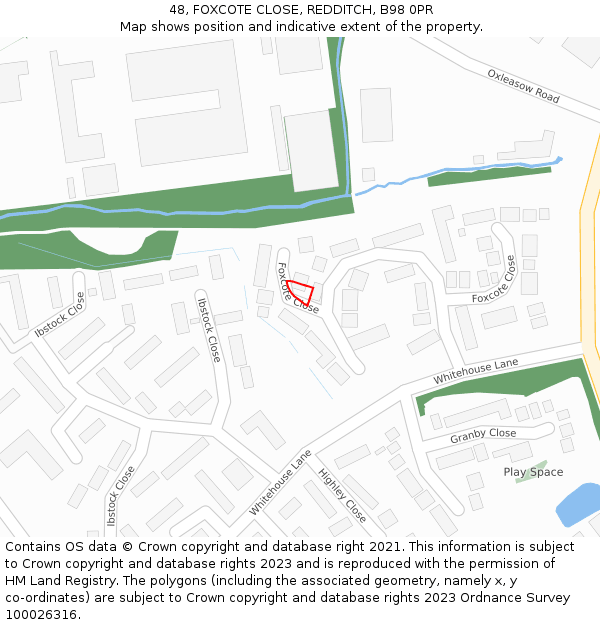 48, FOXCOTE CLOSE, REDDITCH, B98 0PR: Location map and indicative extent of plot