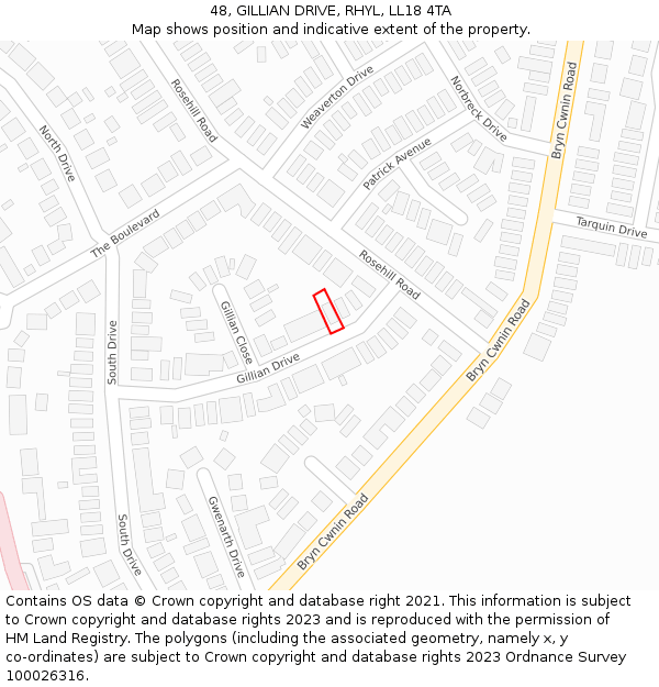 48, GILLIAN DRIVE, RHYL, LL18 4TA: Location map and indicative extent of plot