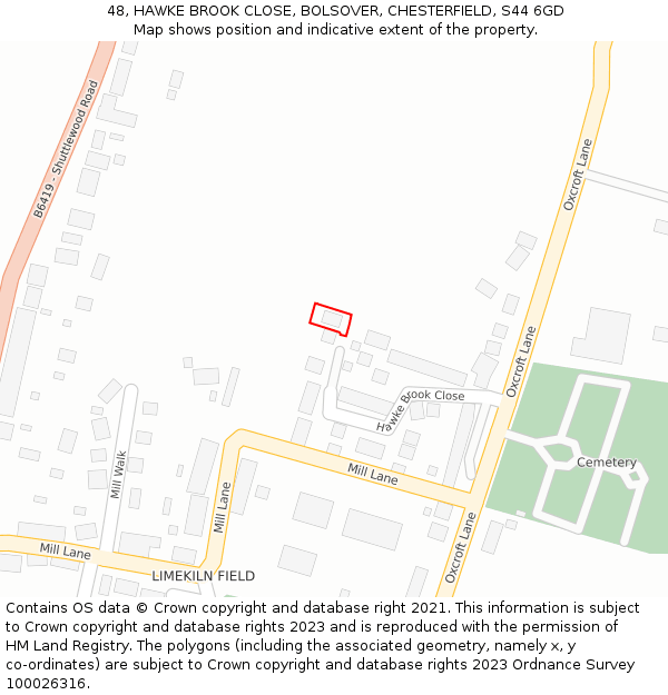 48, HAWKE BROOK CLOSE, BOLSOVER, CHESTERFIELD, S44 6GD: Location map and indicative extent of plot