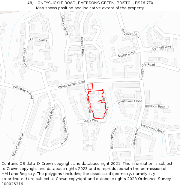 48, HONEYSUCKLE ROAD, EMERSONS GREEN, BRISTOL, BS16 7FX: Location map and indicative extent of plot