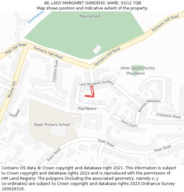 48, LADY MARGARET GARDENS, WARE, SG12 7QB: Location map and indicative extent of plot