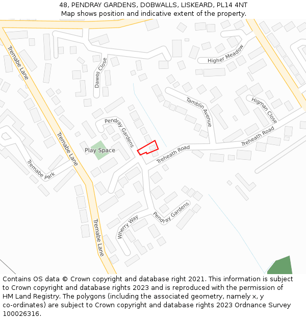 48, PENDRAY GARDENS, DOBWALLS, LISKEARD, PL14 4NT: Location map and indicative extent of plot