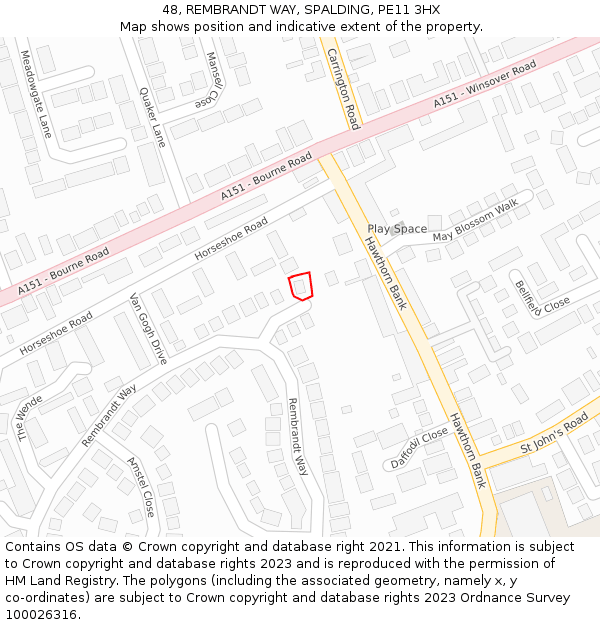 48, REMBRANDT WAY, SPALDING, PE11 3HX: Location map and indicative extent of plot