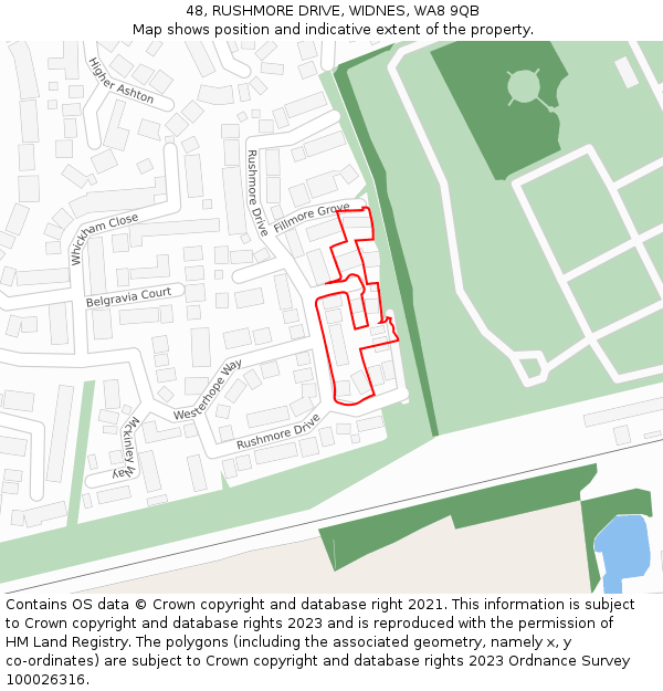 48, RUSHMORE DRIVE, WIDNES, WA8 9QB: Location map and indicative extent of plot