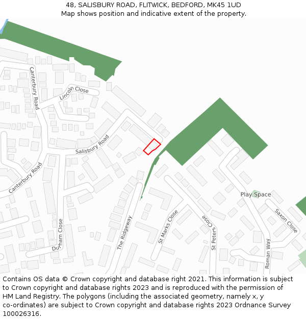 48, SALISBURY ROAD, FLITWICK, BEDFORD, MK45 1UD: Location map and indicative extent of plot