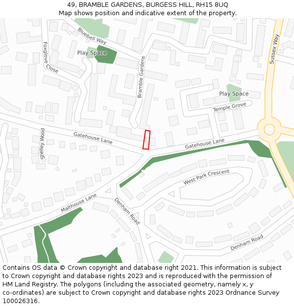 49, BRAMBLE GARDENS, BURGESS HILL, RH15 8UQ: Location map and indicative extent of plot