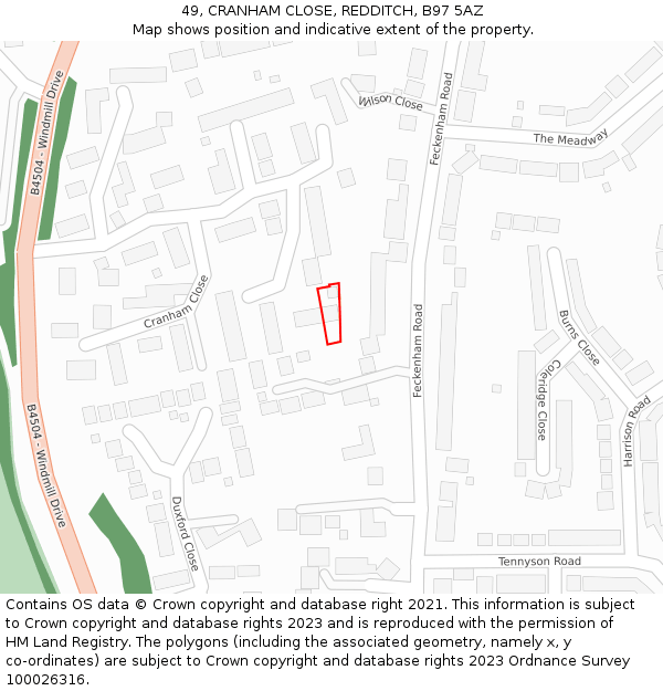 49, CRANHAM CLOSE, REDDITCH, B97 5AZ: Location map and indicative extent of plot