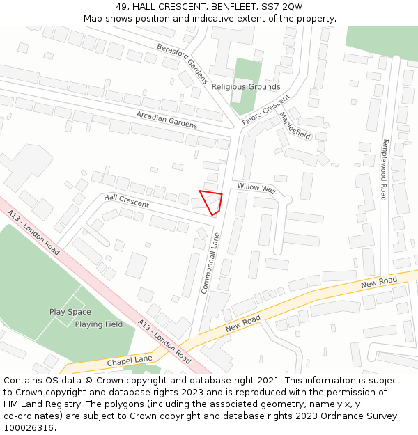 49, HALL CRESCENT, BENFLEET, SS7 2QW: Location map and indicative extent of plot