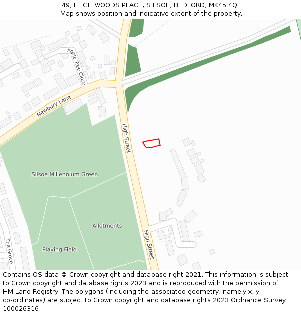 49, LEIGH WOODS PLACE, SILSOE, BEDFORD, MK45 4QF: Location map and indicative extent of plot