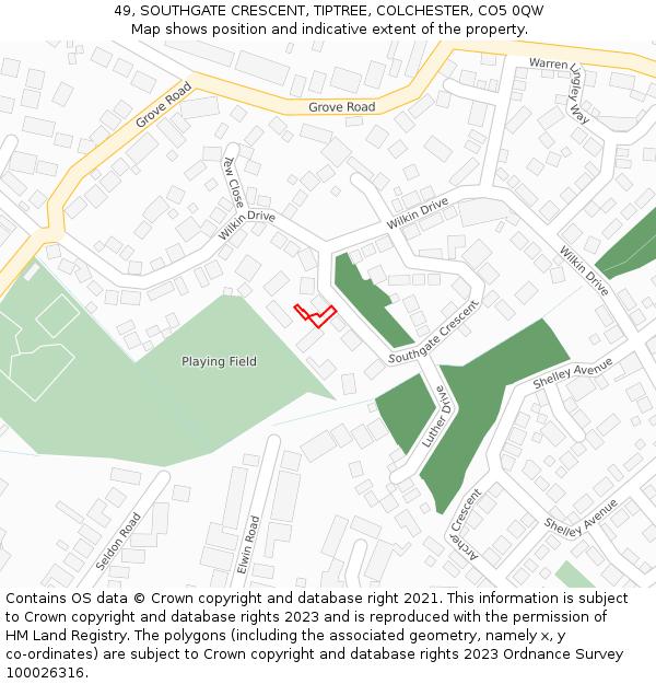 49, SOUTHGATE CRESCENT, TIPTREE, COLCHESTER, CO5 0QW: Location map and indicative extent of plot