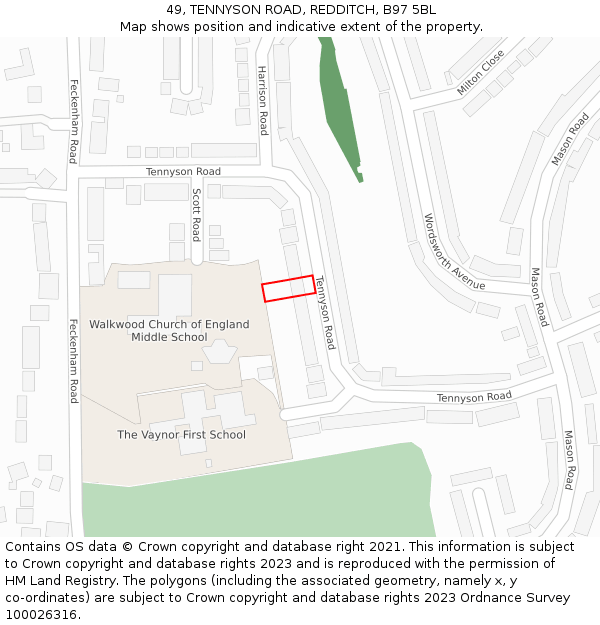 49, TENNYSON ROAD, REDDITCH, B97 5BL: Location map and indicative extent of plot