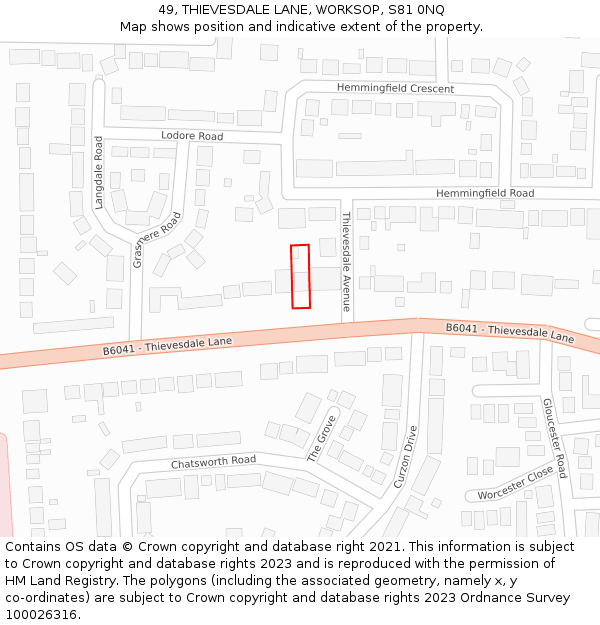 49, THIEVESDALE LANE, WORKSOP, S81 0NQ: Location map and indicative extent of plot