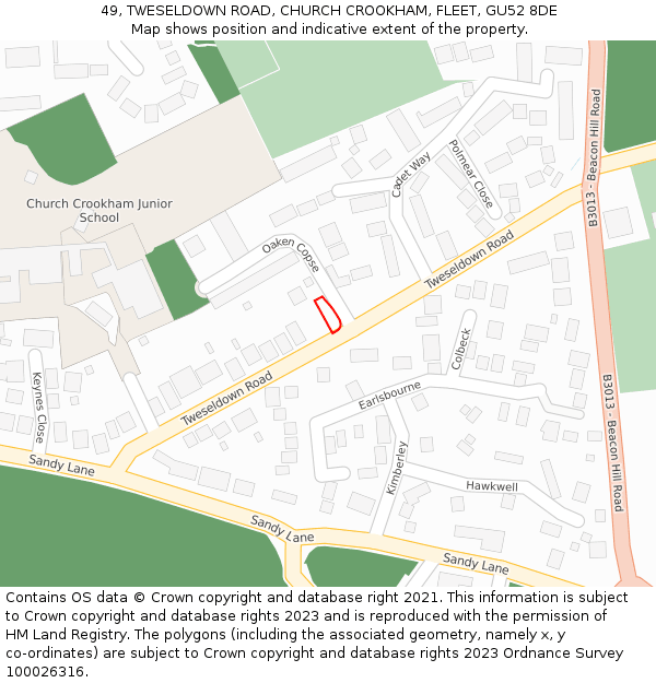 49, TWESELDOWN ROAD, CHURCH CROOKHAM, FLEET, GU52 8DE: Location map and indicative extent of plot