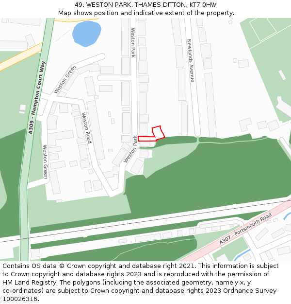 49, WESTON PARK, THAMES DITTON, KT7 0HW: Location map and indicative extent of plot