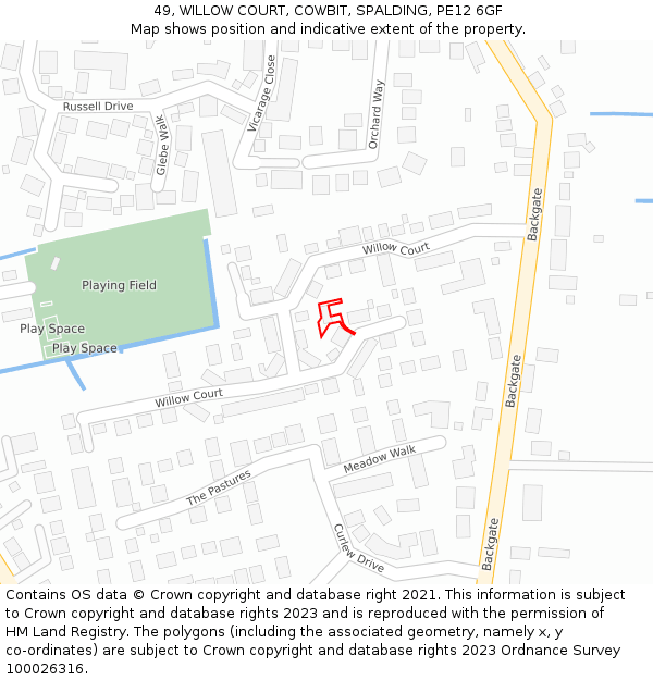 49, WILLOW COURT, COWBIT, SPALDING, PE12 6GF: Location map and indicative extent of plot