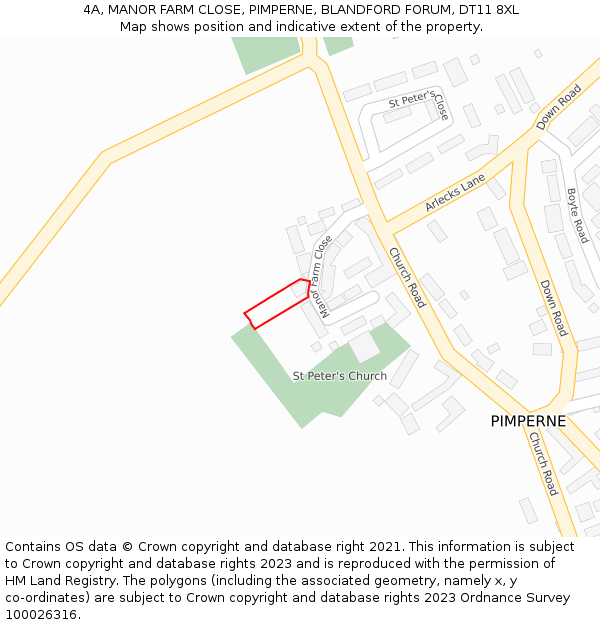 4A, MANOR FARM CLOSE, PIMPERNE, BLANDFORD FORUM, DT11 8XL: Location map and indicative extent of plot