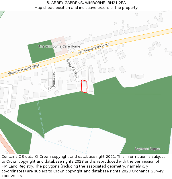 5, ABBEY GARDENS, WIMBORNE, BH21 2EA: Location map and indicative extent of plot