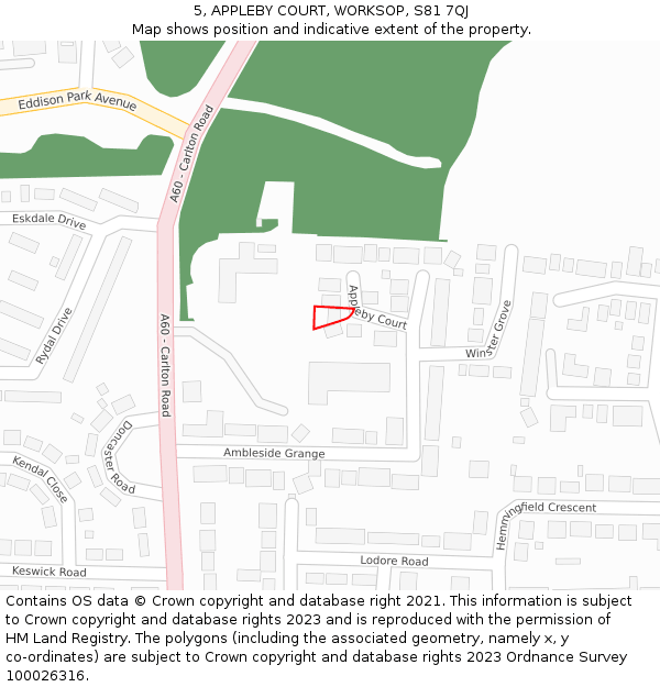 5, APPLEBY COURT, WORKSOP, S81 7QJ: Location map and indicative extent of plot