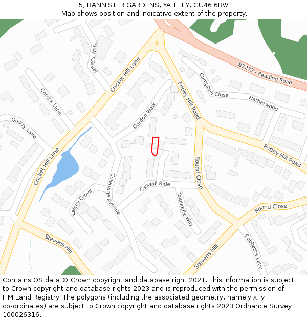 5, BANNISTER GARDENS, YATELEY, GU46 6BW: Location map and indicative extent of plot