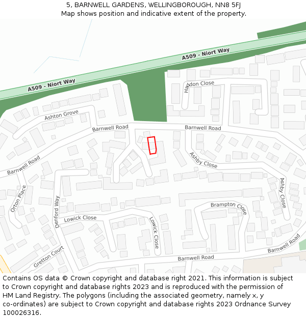 5, BARNWELL GARDENS, WELLINGBOROUGH, NN8 5FJ: Location map and indicative extent of plot