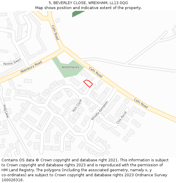 5, BEVERLEY CLOSE, WREXHAM, LL13 0QG: Location map and indicative extent of plot