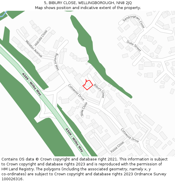 5, BIBURY CLOSE, WELLINGBOROUGH, NN8 2JQ: Location map and indicative extent of plot