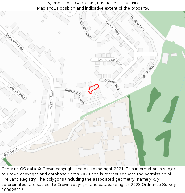 5, BRADGATE GARDENS, HINCKLEY, LE10 1ND: Location map and indicative extent of plot