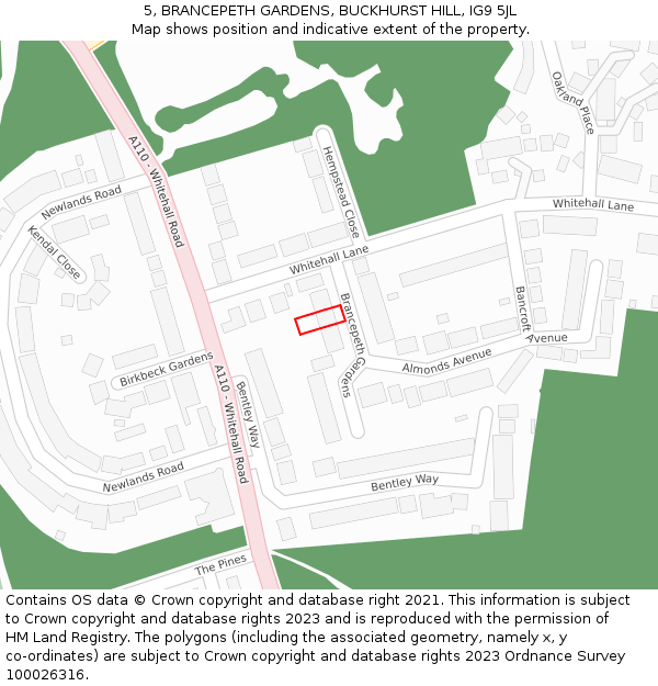 5, BRANCEPETH GARDENS, BUCKHURST HILL, IG9 5JL: Location map and indicative extent of plot