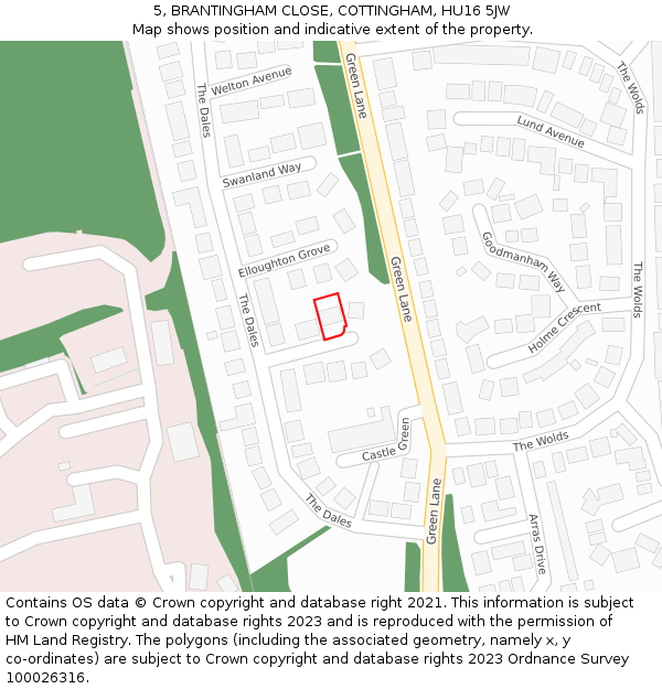 5, BRANTINGHAM CLOSE, COTTINGHAM, HU16 5JW: Location map and indicative extent of plot