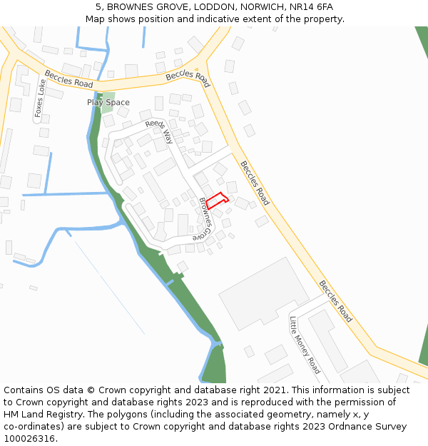 5, BROWNES GROVE, LODDON, NORWICH, NR14 6FA: Location map and indicative extent of plot